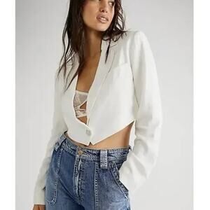 Free People‎ Coco Cropped Blazer White Linen Blend One Button Size XS